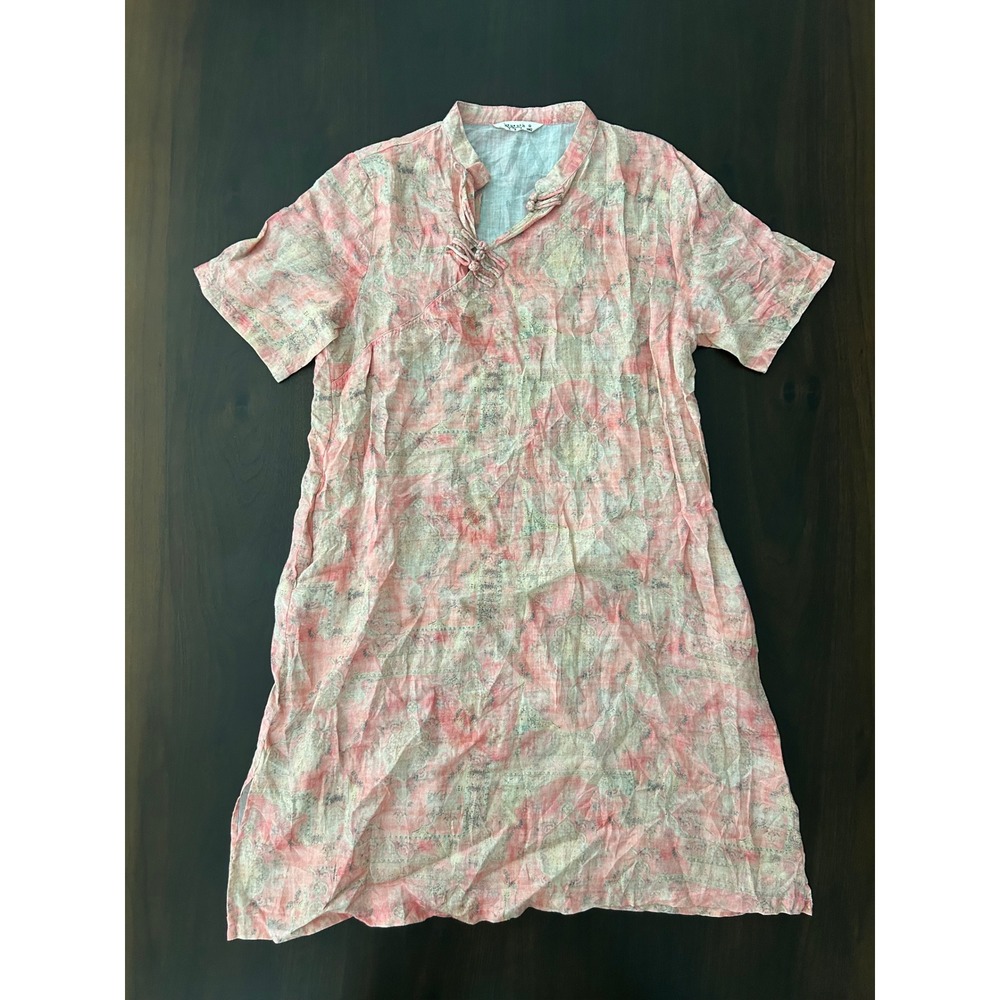 Samansa Mos2 Pink Paisley Linen Blend Mandarin Collar Frog Button Dress SM2